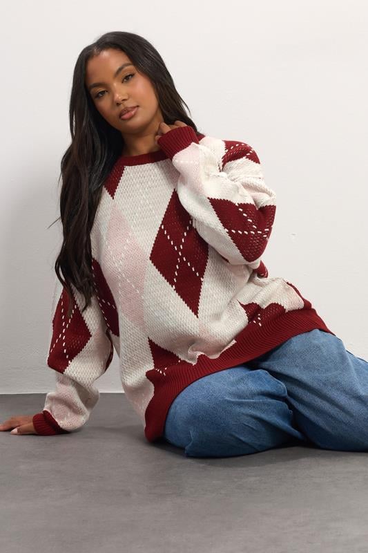 evans YOURS Curve Red Argyle Knitted Jumper