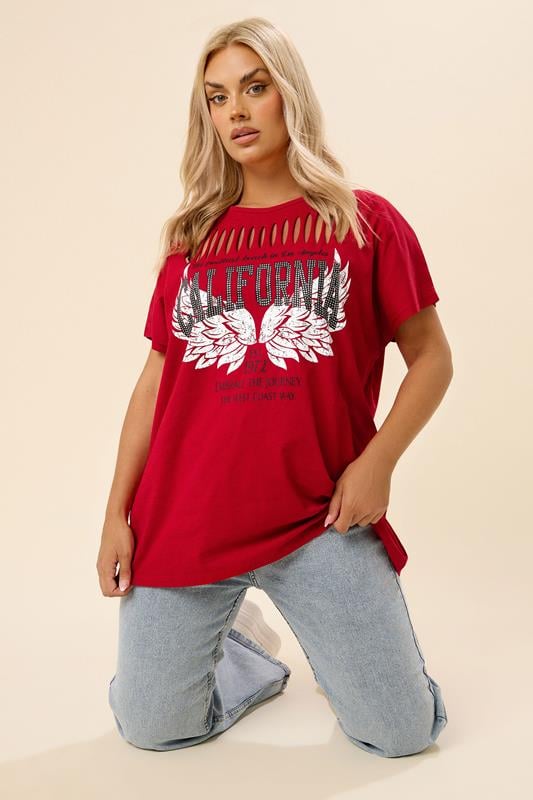 evans YOURS Curve Red 'California' Slash Detail Top