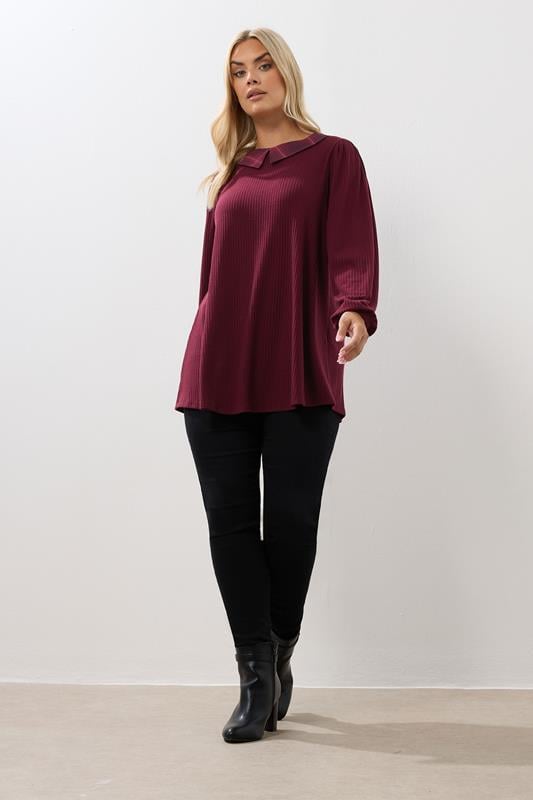 Evans YOURS Curve Red Check Collar Ribbed Top