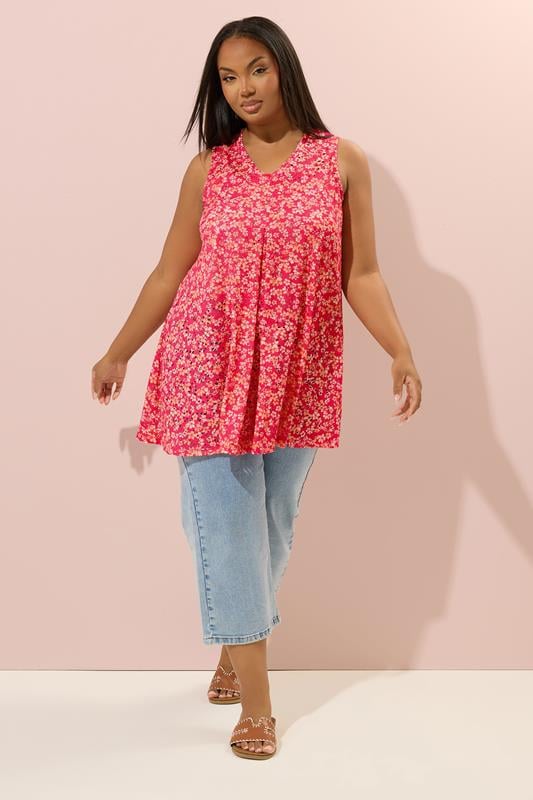 Evans YOURS Curve Red Floral Pointelle Vest Top