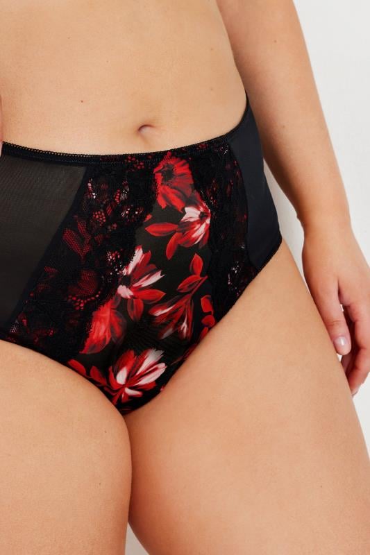 Evans YOURS Curve Red Floral Print Mesh Briefs