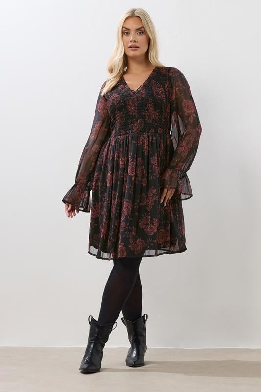 Evans YOURS Curve Red Floral Shirred Mini Dress