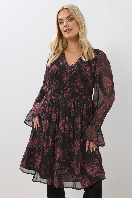 evans YOURS Curve Red Floral Shirred Mini Dress
