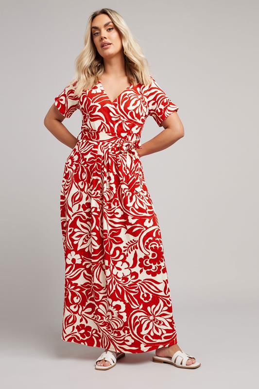 Evans YOURS Curve Red Floral Textured Wrap Dress