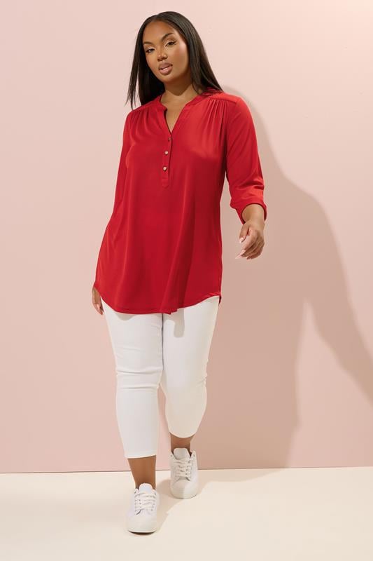 Evans YOURS Curve Red Half Placket Ribbed Shirt