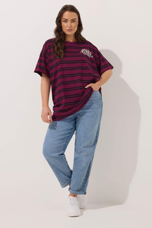 Evans YOURS Curve Red Stripe Daisy Print T-Shirt