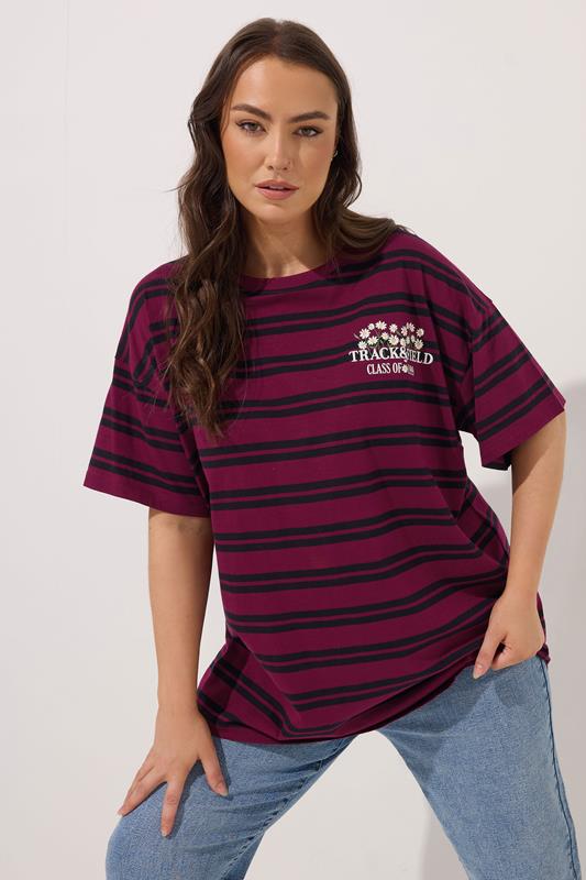 evans YOURS Curve Red Stripe Daisy Print T-Shirt