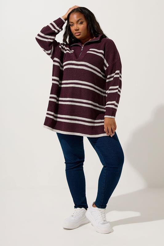 Evans YOURS Curve Red Stripe Quarter Zip Jumper