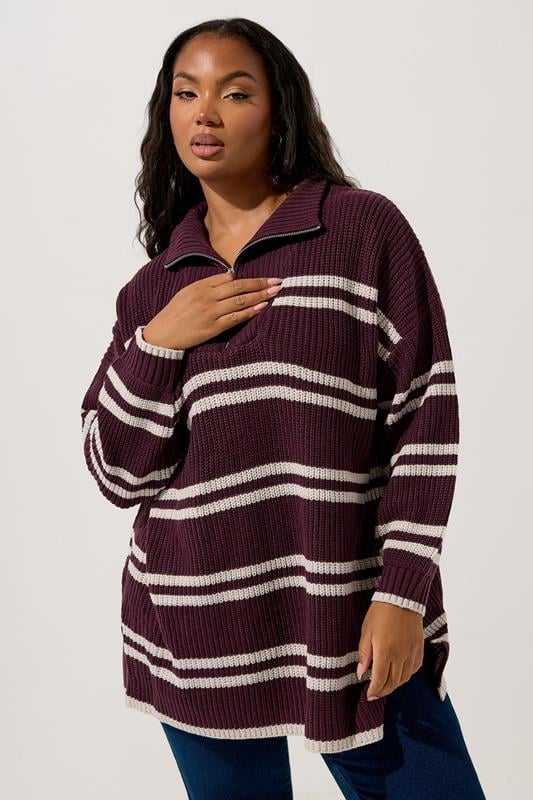 evans YOURS Curve Red Stripe Quarter Zip Jumper