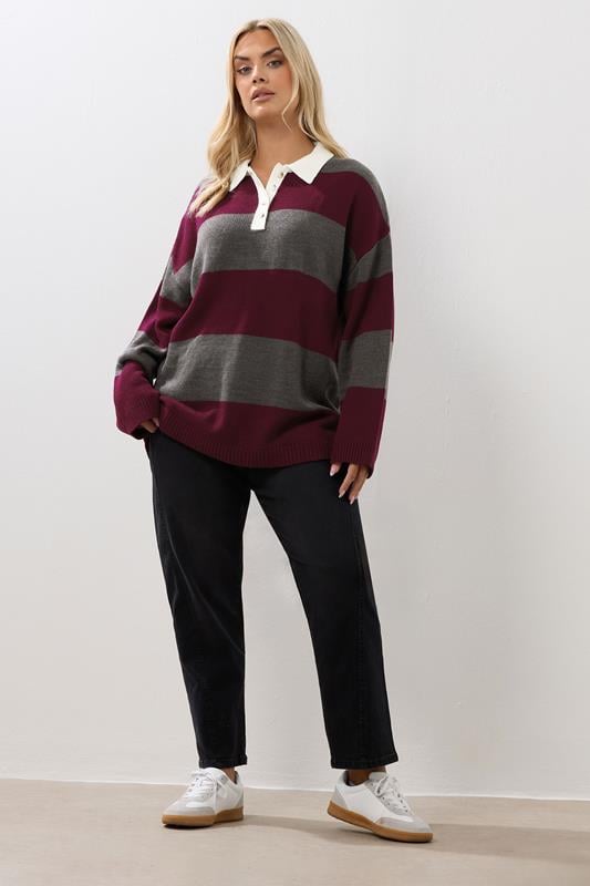Evans YOURS Curve Red Stripe Rugby Collar Jumper