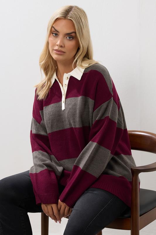 evans YOURS Curve Red Stripe Rugby Collar Jumper