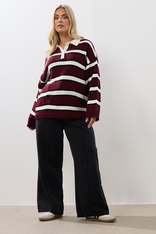 Evans YOURS Curve Red Striped Rugby Collar Jumper