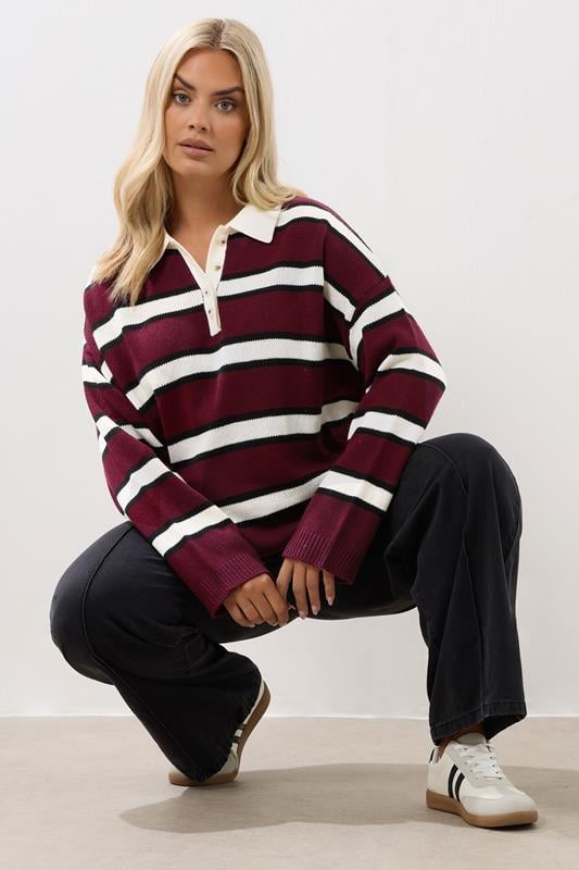 evans YOURS Curve Red Striped Rugby Collar Jumper