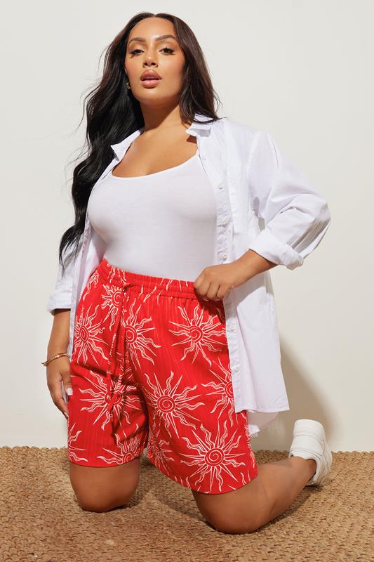Evans YOURS Curve Red Textured Sun Print Shorts