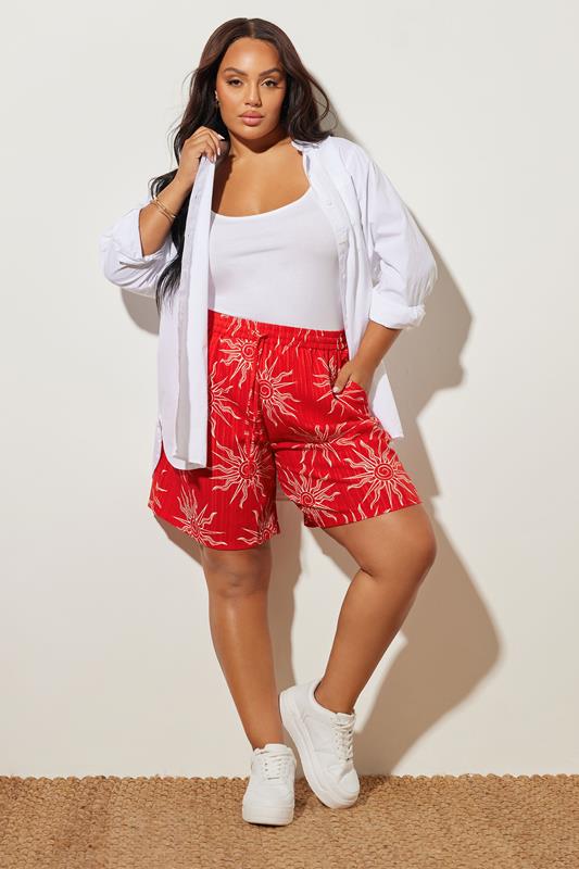Evans YOURS Curve Red Textured Sun Print Shorts