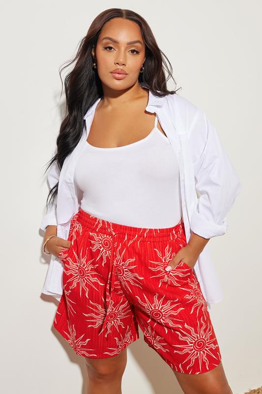 evans YOURS Curve Red Textured Sun Print Shorts