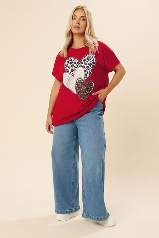 Evans YOURS Curve Red Triple Heart Print Top