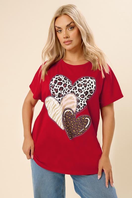 evans YOURS Curve Red Triple Heart Print Top