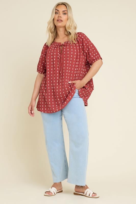 Evans YOURS Curve Rust Orange Dobby Tie Neck Top