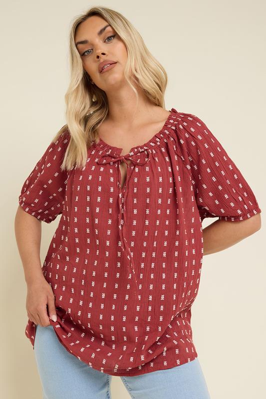 Evans YOURS Curve Rust Orange Dobby Tie Neck Top