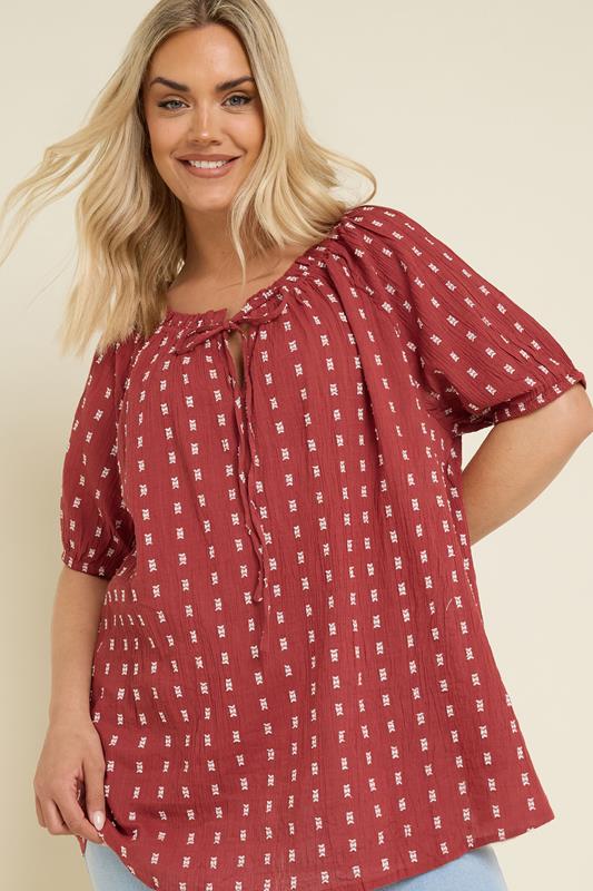 evans YOURS Curve Rust Orange Dobby Tie Neck Top