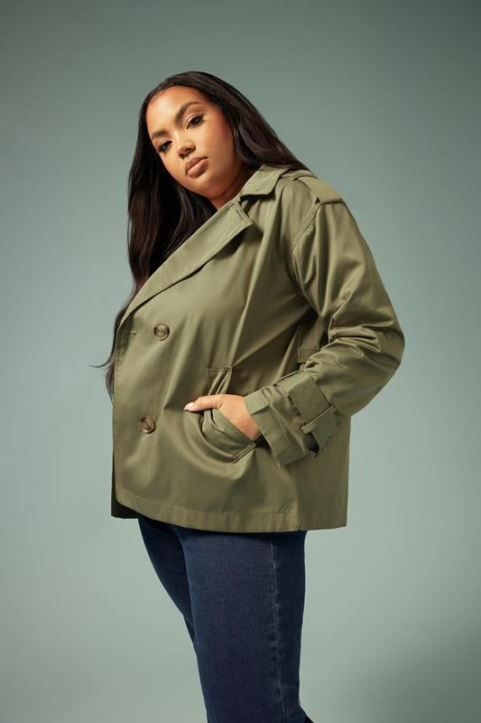 evans YOURS Curve Sage Green Short Trench Coat