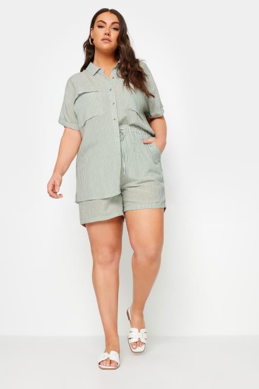 Evans YOURS Curve Sage Green Stripe Linen Shorts