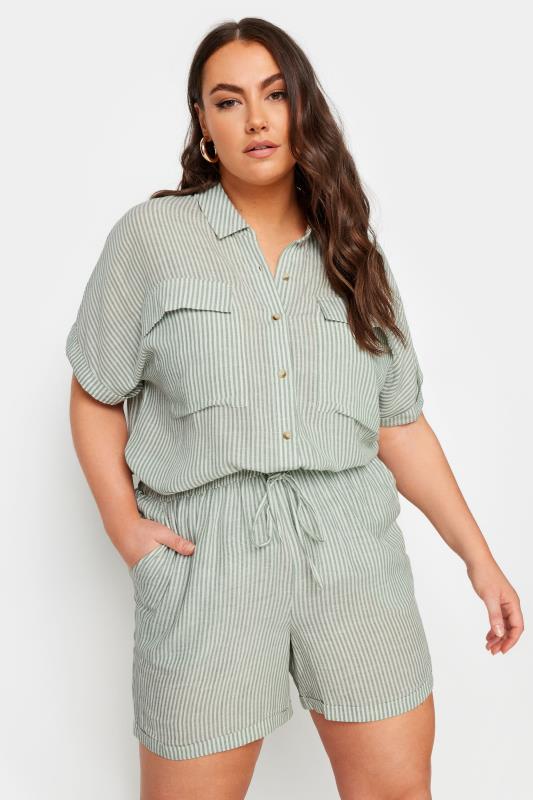 evans YOURS Curve Sage Green Stripe Linen Shorts