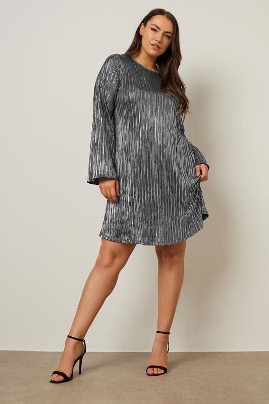 Evans YOURS Curve Silver Metallic Plisse Dress