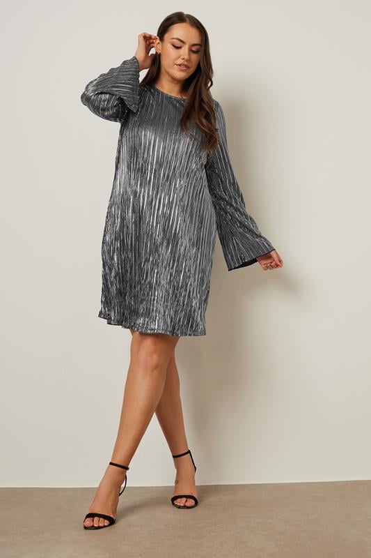 Evans YOURS Curve Silver Metallic Plisse Dress