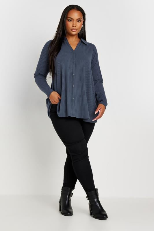 Evans YOURS Curve Slate Grey Ribbed Collared Top