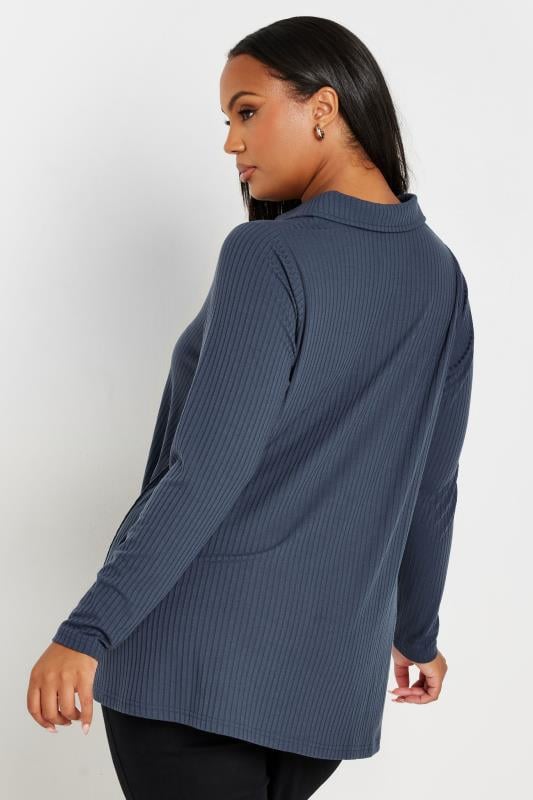 Evans YOURS Curve Slate Grey Ribbed Collared Top