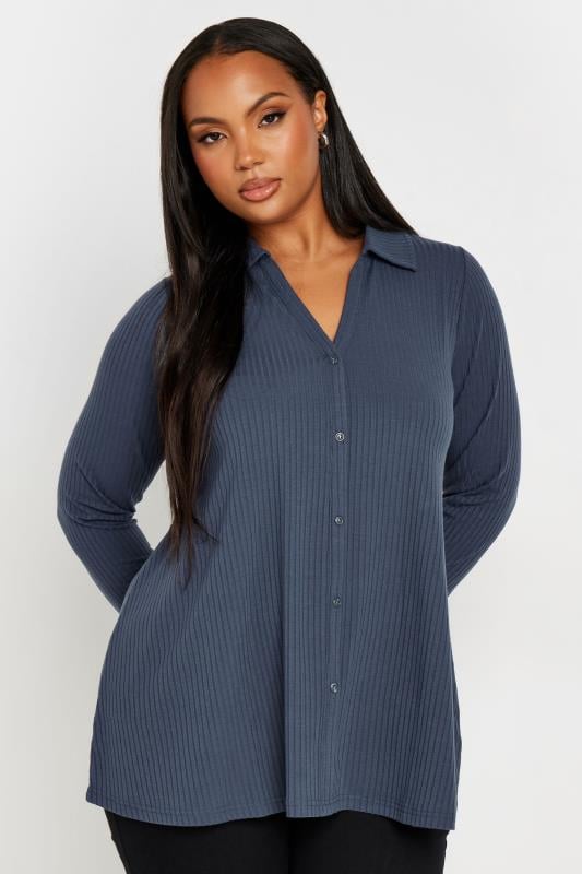 Evans YOURS Curve Slate Grey Ribbed Collared Top