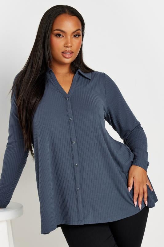 evans YOURS Curve Slate Grey Ribbed Collared Top