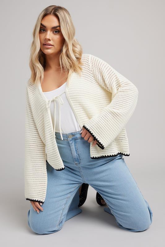 evans YOURS Curve White Crochet Tie Front Cardigan