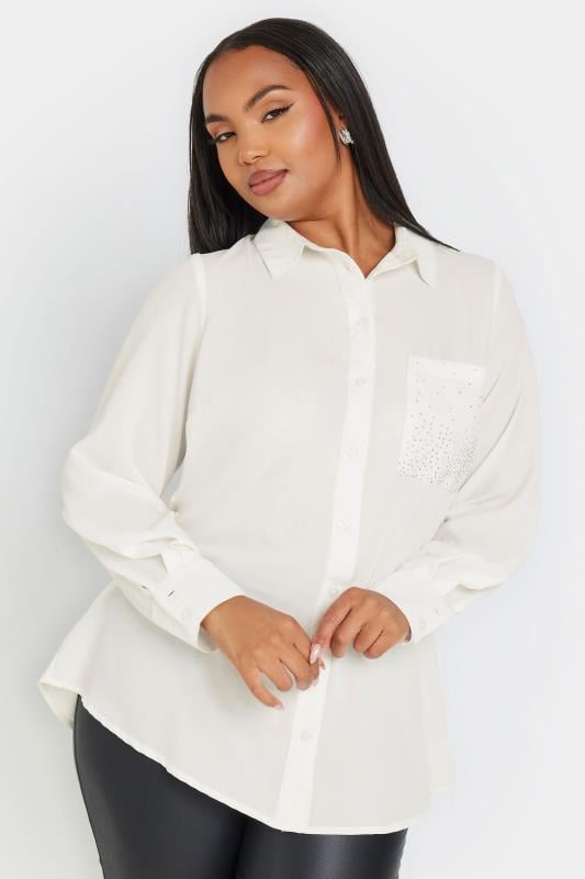 Evans YOURS Curve White Diamante Pocket Shirt