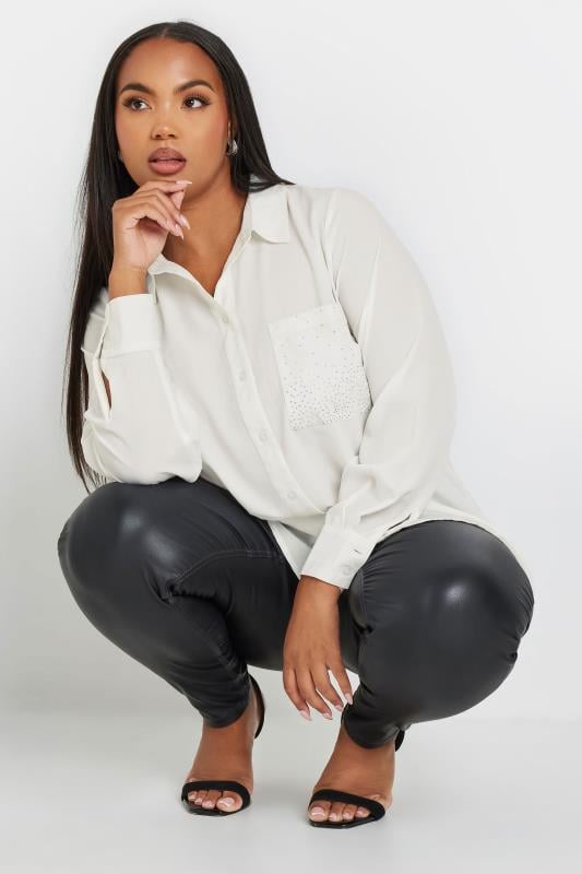 evans YOURS Curve White Diamante Pocket Shirt