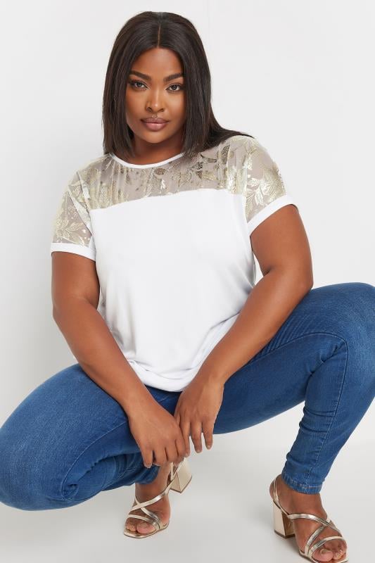 evans YOURS Curve White Foil Floral Print Top
