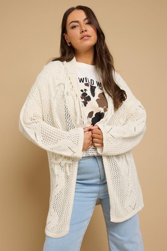 evans YOURS Curve White Fringe Crochet Cardigan