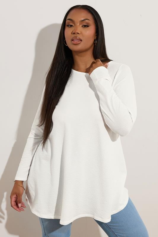 evans YOURS Curve White Long Sleeve Ribbed T-Shirt