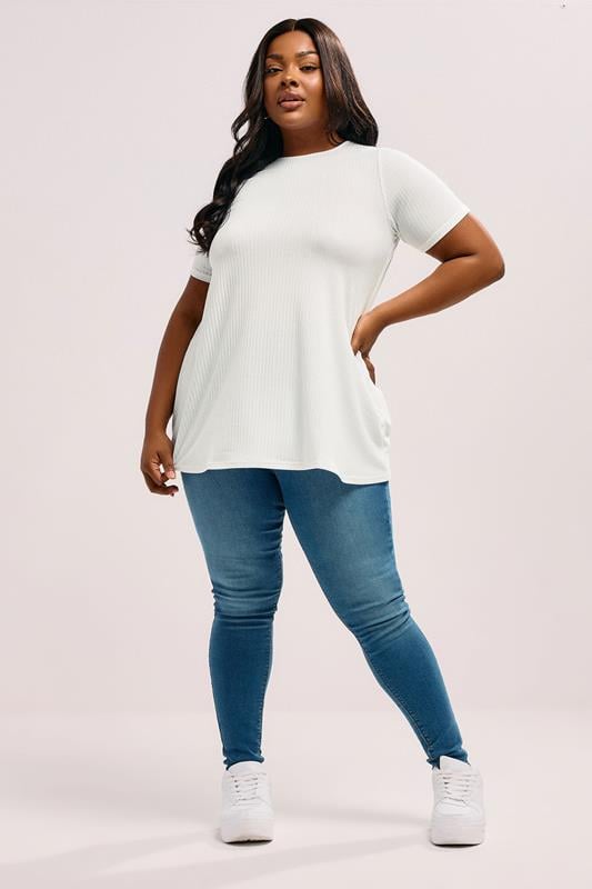 Evans YOURS Curve White Ribbed Swing T-Shirt