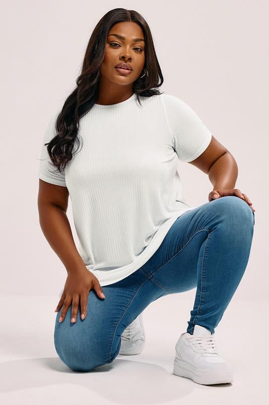 evans YOURS Curve White Ribbed Swing T-Shirt