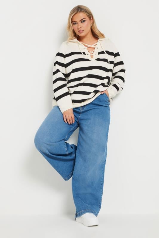 Evans YOURS Curve White Stripe Tie Neck Jumper