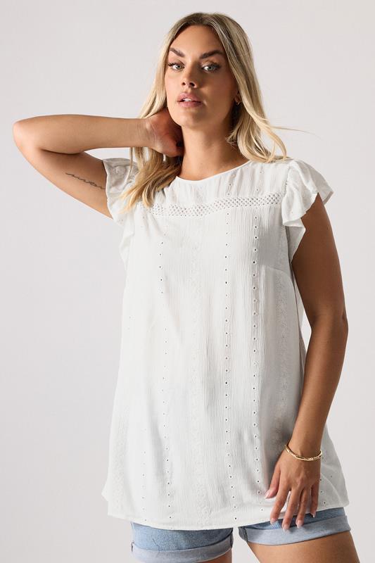 evans YOURS Curve White Textured Embroidered Top