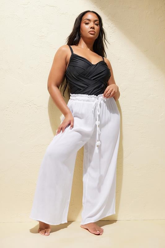 evans YOURS Curve White Wide Leg Beach Trousers