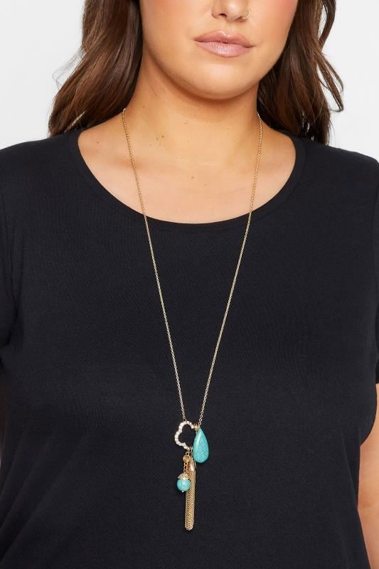 evans Yours Gold & Blue Long Charm Tassel Necklace