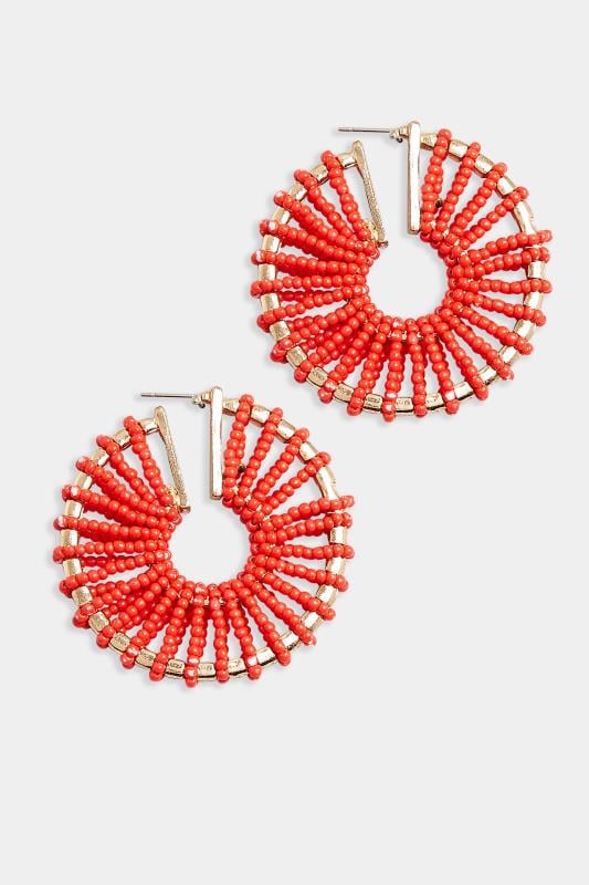 Evans Yours Gold Tone & Red Seed Bead Hoop Earrings