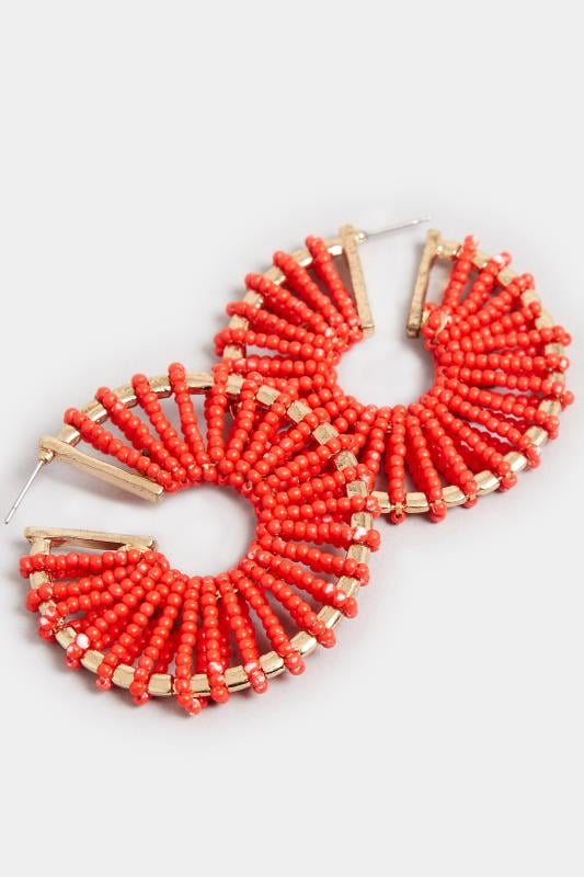 Evans Yours Gold Tone & Red Seed Bead Hoop Earrings