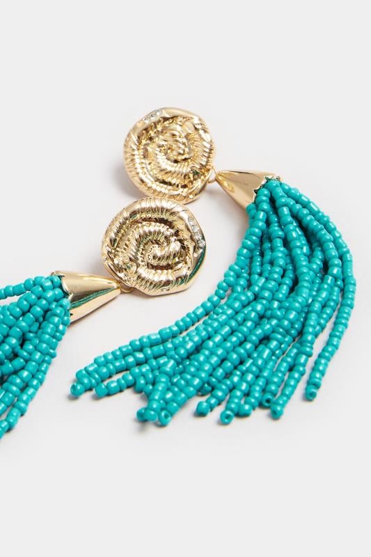 Evans Yours Gold Tone Teal Beaded Tassel Earrings