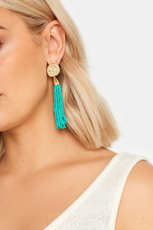 evans Yours Gold Tone Teal Beaded Tassel Earrings